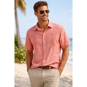 Cubavera Button Down Shirt Mens Large Salmon Pink Linen Blend Floral Embroidered